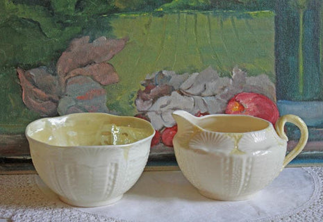 Belleek Porcelain Creamer and Open sugar Bowl. Belleek Sea Shell Pattern Sugar Bowl and Creamer Made of Thin Porcelain in Ireland. Reg 0857.
