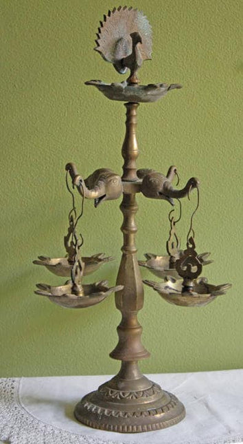 Antique Brass Diya Oil Lamp with Elephants and Peacock
