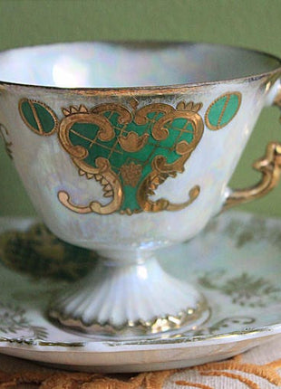 Antique Cup and Saucer Set.  Royal Halsey Three Footed Cup and Saucer with Luster Background,  Green Pink Gold Decor. Christmas Gift.