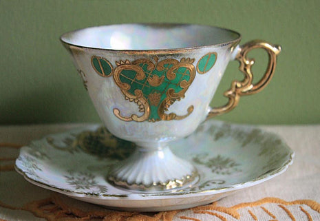 Antique Cup and Saucer Set.  Royal Sealy China Made in Japan.  Footed Cup and Saucer with Luster Background, Gold and Green Decor.