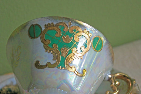 Antique Cup and Saucer Set.  Royal Sealy China Made in Japan.  Footed Cup and Saucer with Luster Background, Gold and Green Decor.