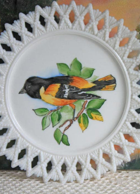 Milk Glass Decorative Plate with Hand Painted Bird. Cabinet Display or Wall Hanging Plate with Reticulated Rim. Plate with Lacy Rim.