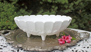 Milk Glass Large Oval Bowl with Four Feet.  Fruit  Pattern, Scalloped Rim Serving Bowl.  Collector Items or Wedding Reception Dishes.
