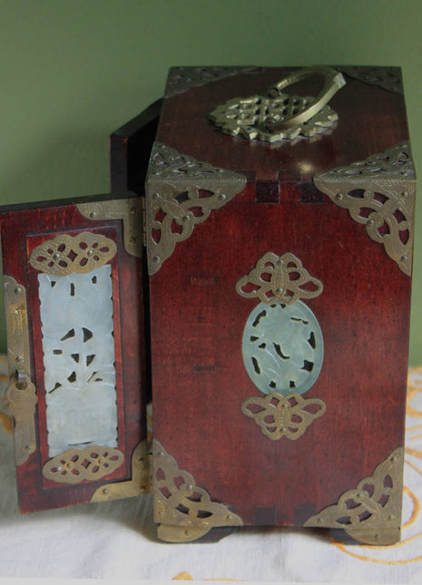 Hand Made Wooden Jewelry Cabinet with Drawers. Box with Jade Inserts on Doors, Brass Hardware and Handle. Vintage Mini Cabinet.