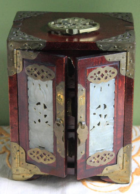 Hand Made Wooden Jewelry Cabinet with Drawers. Box with Jade Inserts on Doors, Brass Hardware and Handle. Vintage Mini Cabinet.