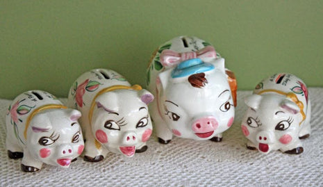 Vintage Piggy Bank Collection. Hand Painted Funky Piggy Banks with Funny Notes. Gift Encouraging Saving Money. Piggy Bank Made in Japan.