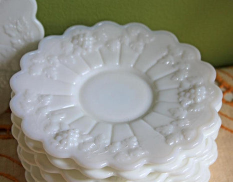 Westmoreland Milk Glass Replacement Saucer. Saucer with Scalloped Rim and Embossed Grapes, Leaves and Ribs Pattern. Small Milk Glass Plate