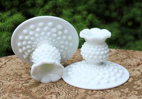 Pair of Fenton Hobnail Milk Glass Candle Sticks Holders