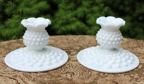 Fenton Hobnail Milk Glass Candle Stick Holders with Scalloped Rim - Set of Two