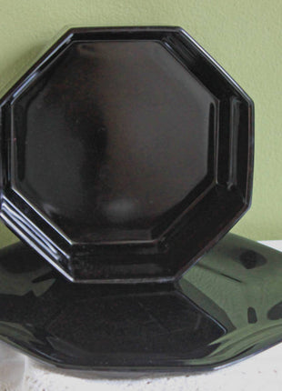 Black Glass Octagonal Bowls and Plates. Set of Six Bowls and Six Plates. Modern Dishes Made in France.