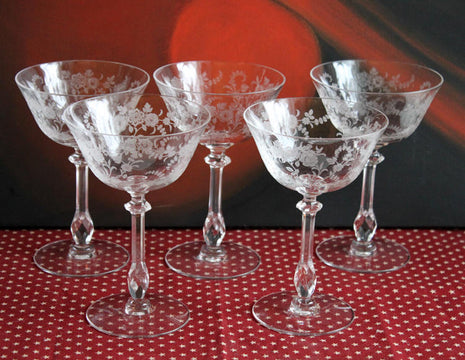 5 Vintage Etched Crystal Wine Glasses, Imperial glass, Meander, c