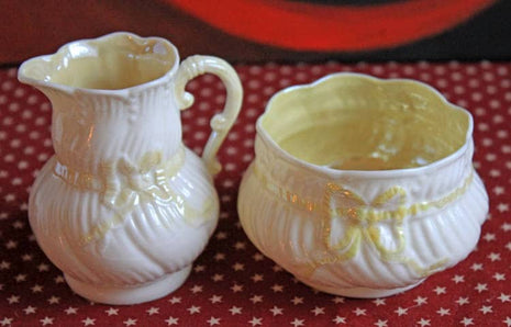 Belleek Porcelain Creamer and Sugar Bowl. Belleek Bow Pattern Sugar Bowl and Creamer Made of Thin Porcelain in Ireland. Reg 0857.