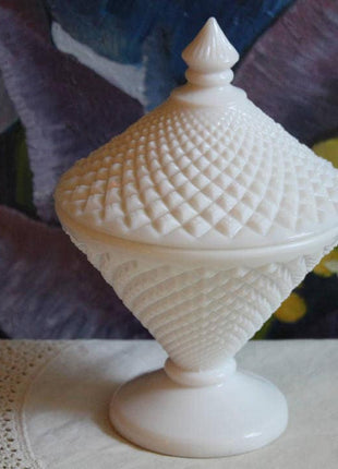 Westmoreland Milk Glass Cone Shape Box with Cover. Collectible Dish, Trinket Box for Dresser Top.