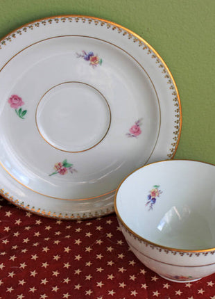 Limoges Chastagner Tea Cup and Saucer - French Porcelain, Flowers Gold Rims