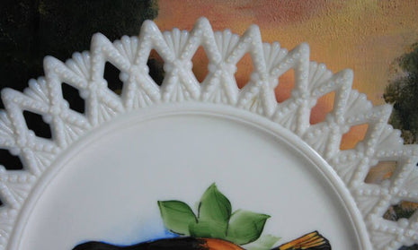 Milk Glass Decorative Plate with Hand Painted Bird. Cabinet Display or Wall Hanging Plate with Reticulated Rim. Plate with Lacy Rim.