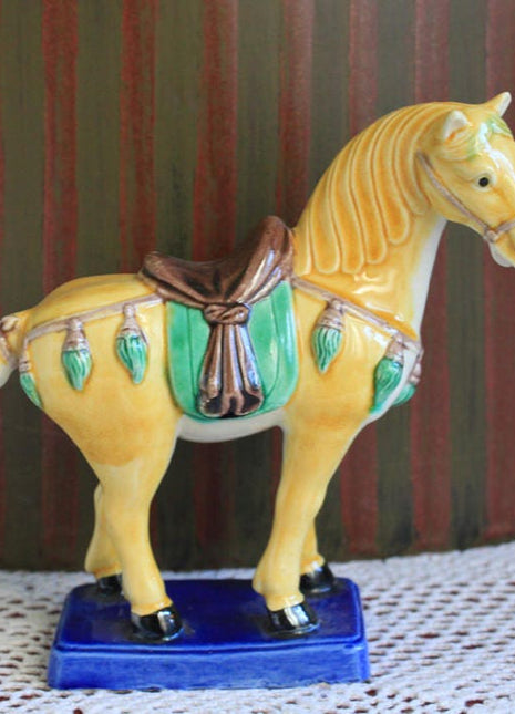 Yellow Green Pottery Ceramic Horse Figurine for Home Decoration