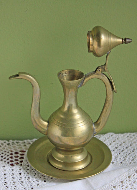 Vintage Brass Aftaba Pitcher and Plate. Pitcher with Hinged Lid. Pitcher for Carrying Holy Water or Home Decor Display.  Gift Idea.