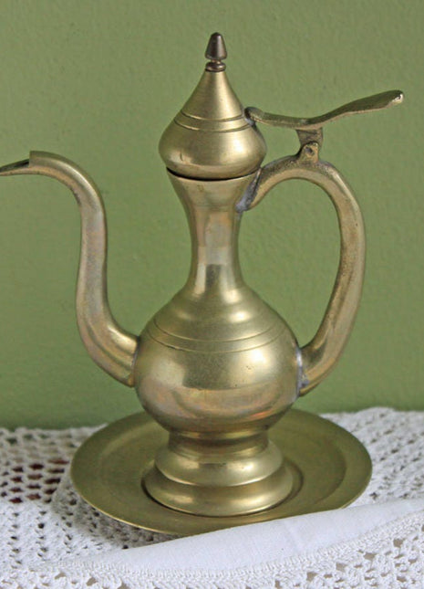 Vintage Brass Aftaba Pitcher and Plate. Pitcher with Hinged Lid. Pitcher for Carrying Holy Water or Home Decor Display.  Gift Idea.