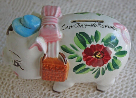 Vintage Piggy Bank Collection. Hand Painted Funky Piggy Banks with Funny Notes. Gift Encouraging Saving Money. Piggy Bank Made in Japan.