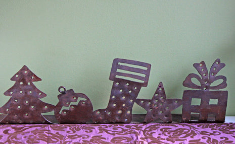 Rustic Metal Shelf with Christmas Motif Cutouts - Stand for Tea Candles