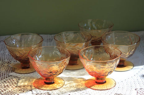 Set of Six Footed Amber Glass Dessert Dishes