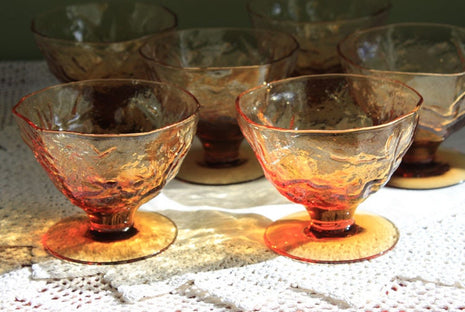 Set of Six Footed Amber Glass Dessert Dishes