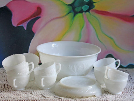 Milk Glass Punch Bowl Set with Cups and Stand. White Glass Bowl with Floral Embossed Decor. Wedding Milk Glass Punch Bowl, Stand, and Cups