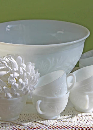 Milk Glass Punch Bowl Set  Art Deco Milk Glass Punch Bowl Set