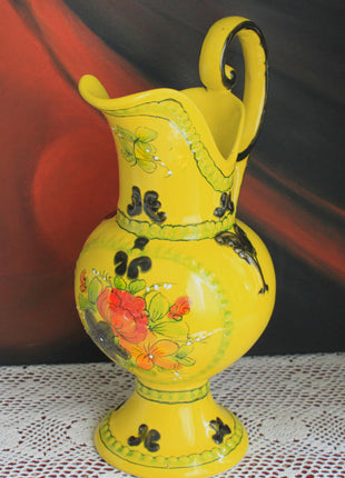 Yellow Portuguese Pottery Pitcher or Vase with Hand Painted Flowers