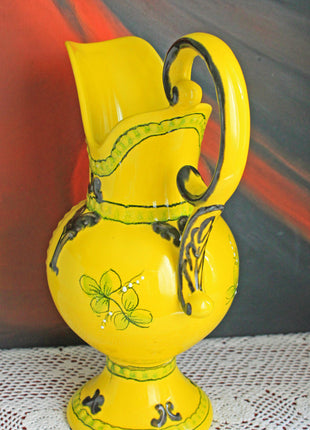 Yellow Portuguese Pottery Pitcher or Vase with Hand Painted Flowers