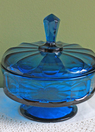 Blue Glass Footed Bowl with Lid - Daisy Pattern
