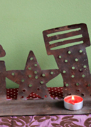 Rustic Metal Shelf with Christmas Motif Cutouts - Stand for Tea Candles