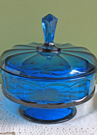Blue Glass Footed Bowl with Lid - Daisy Pattern