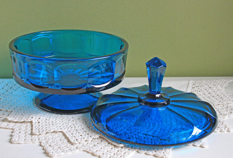 Blue Glass Footed Bowl with Lid - Daisy Pattern