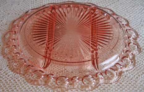Vintage Divided Pink Depression Glass Platter with 3 Compartments - Open Lace Rim.