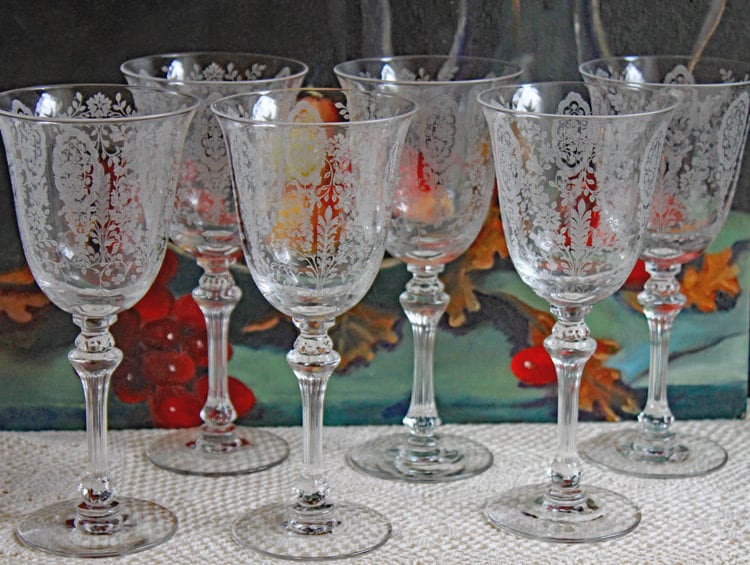 Vintage Etched Floral Iced Beverage Glasses Set of Six 6 Mimosa Iced Tea  Juice Mid Century Stemware Wedding Gift Box 