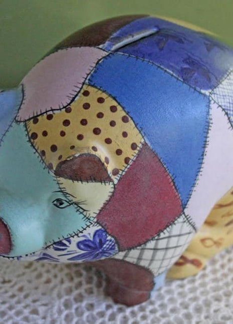 Pottery Piggy Bank in Shape of Funky Patch Pig