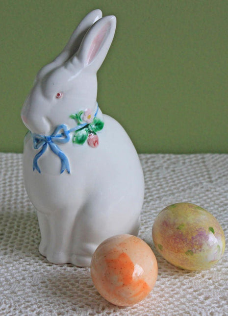 Bunny Figurine. Hand Painted  Glossy Finish Porcelain Bunny. Bunny or Rabbit with Bow and Flowers.  Easter Bunny with Spring Flowers.