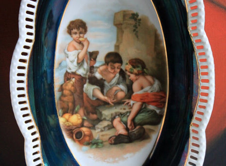 Antique Oval Bowl with Scalloped Intricate Rim , Bavarian Porcelain Bowl with Children Playing Images.