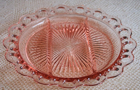 Vintage Divided Pink Depression Glass Platter with 3 Compartments - Open Lace Rim.