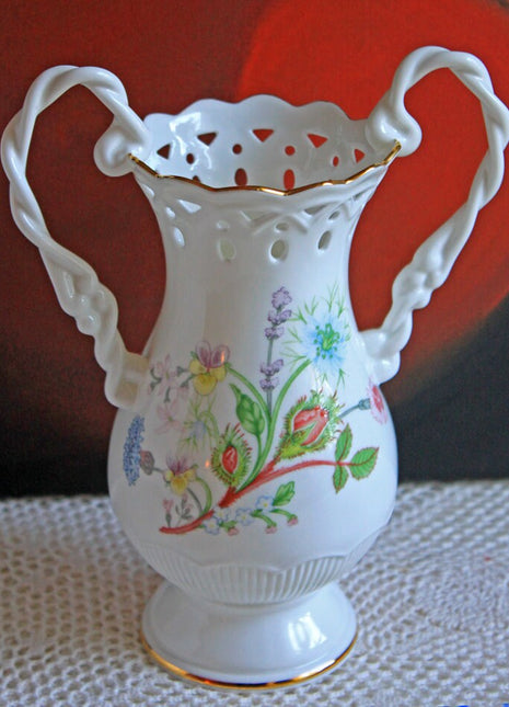 Antique Aynsley Vase with Handles. Hand Painted Reticulated Vase with Floral Decor.