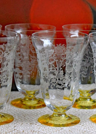 Vintage Fostoria Crystal Topaz Tall Claret. Light Yellow Stemware. Set of Two Gold Footed Glassware. Fine Dining.