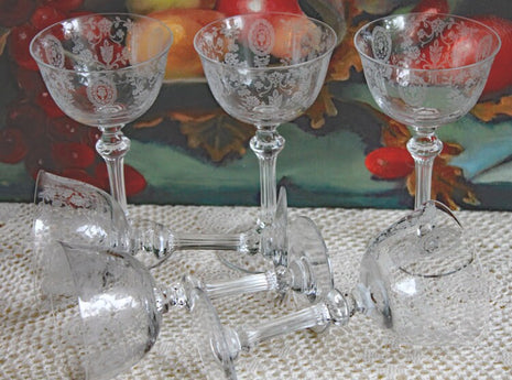 Fostoria Vintage Crystal Etched Champagne Glasses - Set of Six