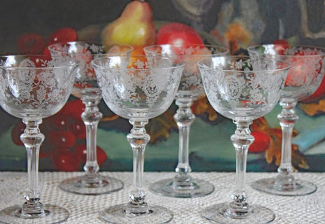 Fostoria Vintage Crystal Etched Champagne Glasses - Set of Six