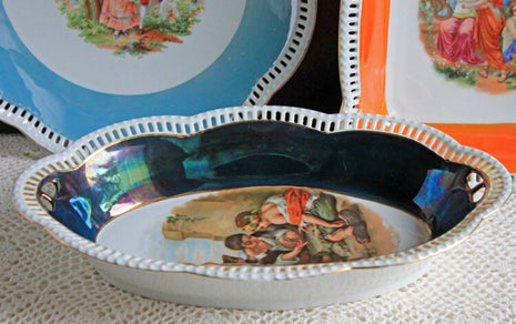 Antique Oval Bowl with Scalloped Intricate Rim , Bavarian Porcelain Bowl with Children Playing Images.