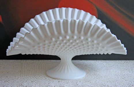 Fenton Milk Glass Bowl and Footed Banana Bowl. Hobnail Pattern with Ruffled Rim Bowls. Collectible Display or Wedding Reception Dishes.