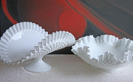 Fenton Milk Glass Bowl and Footed Banana Bowl. Hobnail Pattern with Ruffled Rim Bowls. Collectible Display or Wedding Reception Dishes.