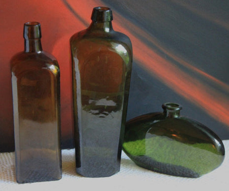Vintage Decorative Bottles. Amber and Green Collectible Bottles. Photo or Film Prep Decor.