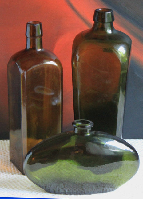 Vintage Decorative Bottles. Amber and Green Collectible Bottles. Photo or Film Prep Decor.