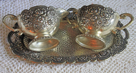 Ornate Silver Plated Creamer & Sugar Bowl with Tray - Enamel Inside